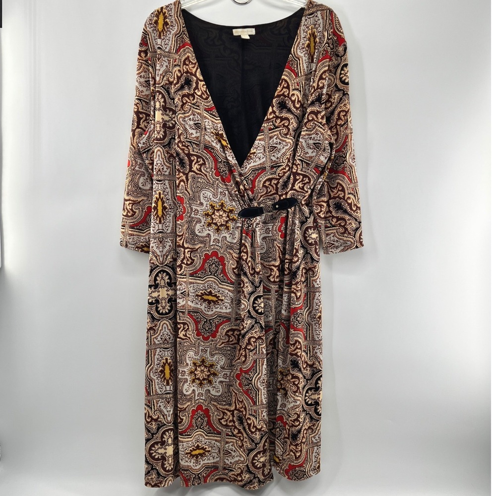 Charter Club Faux Wrap Dress Womens XL Brown Paisley V-Neck Boho Equestrian